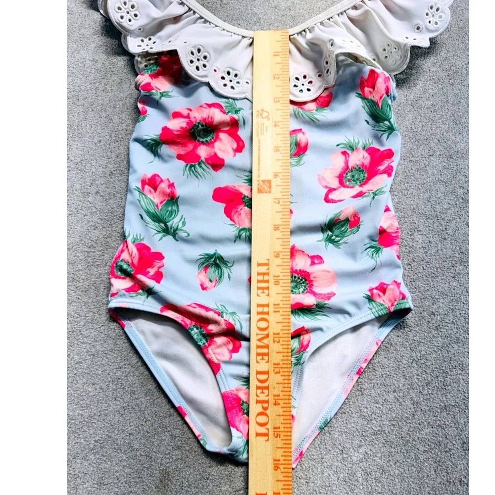 Janie and Jack Girls Swimsuit Size 6 Blue Pink Floral Eyelet Ruffle One Piece